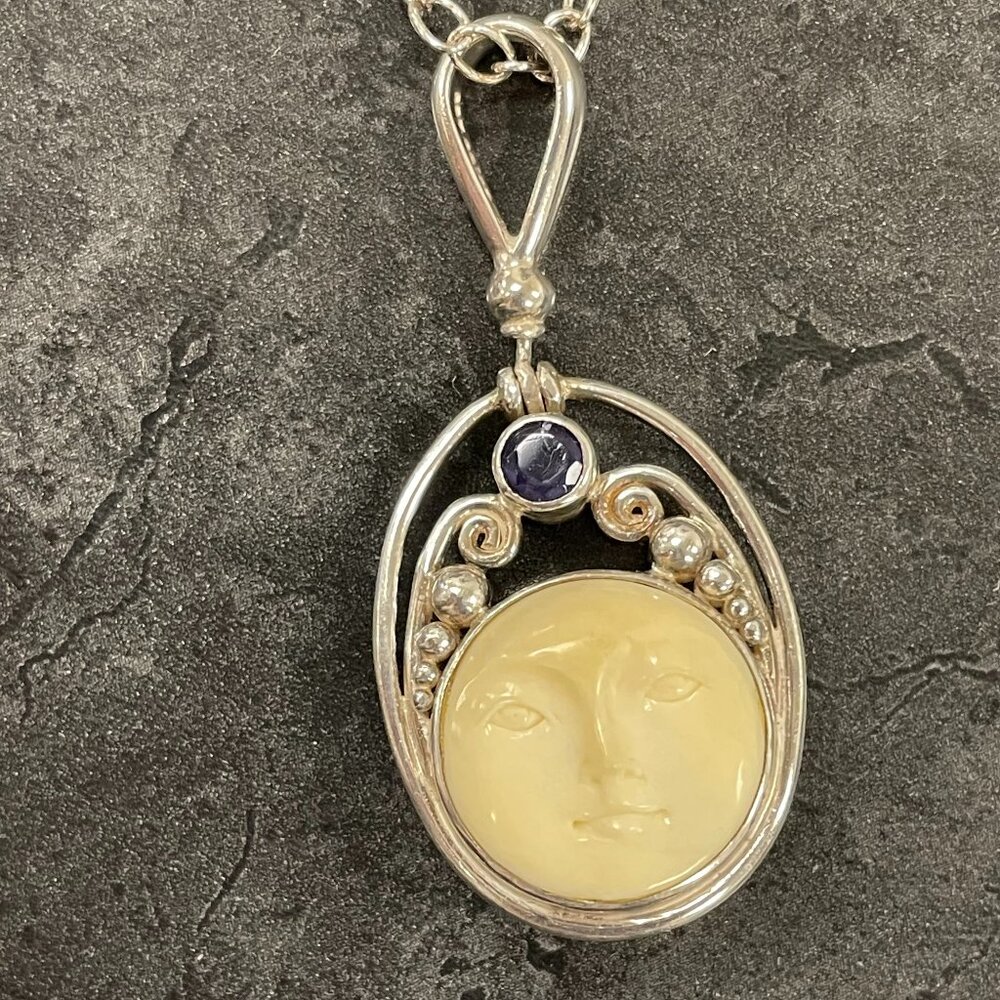 Double Sided Sterling Silver Bone Carved Sajen Moon Pendant